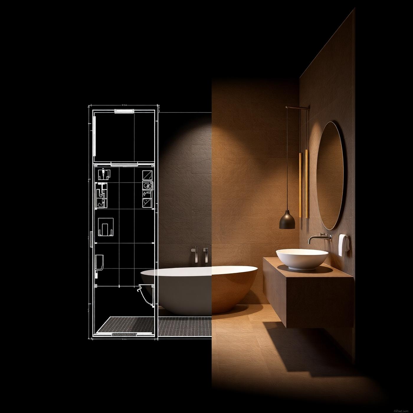 AI-generated bathroom concept, half blueprint half render